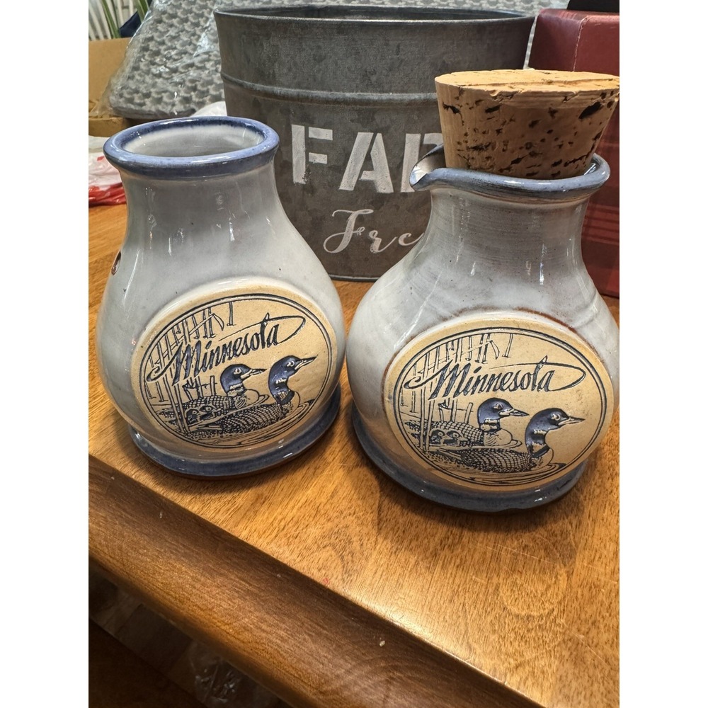 VTG Minnesota Stoneware Pottery Loons Crock Oil & Vinegar Deneen Pottery Mark